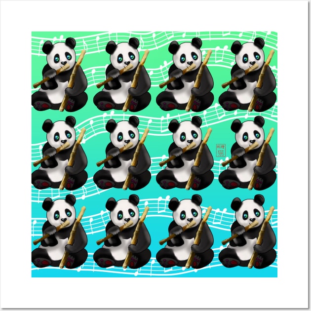 Cute panda pattern with bamboo stalks on a musical green background Wall Art by cuisinecat